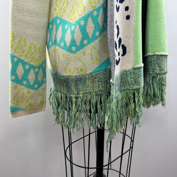 Gypsy 05 Global Village Green Cream Long Sleeve Open Fringe Cardigan Sweater S - Picture 4 of 9